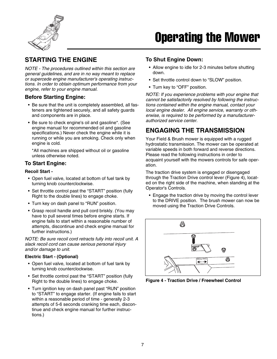 Operating the mower, Starting the engine, Engaging the transmission | Briggs & Stratton FB13250BS User Manual | Page 8 / 24