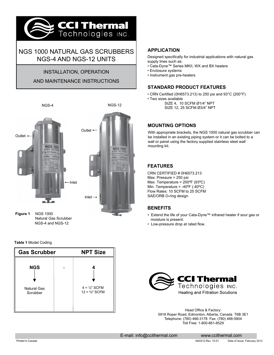 CCI Thermal Technologies NGS - NGS1000 Natural Gas Scrubbing System User Manual | 8 pages