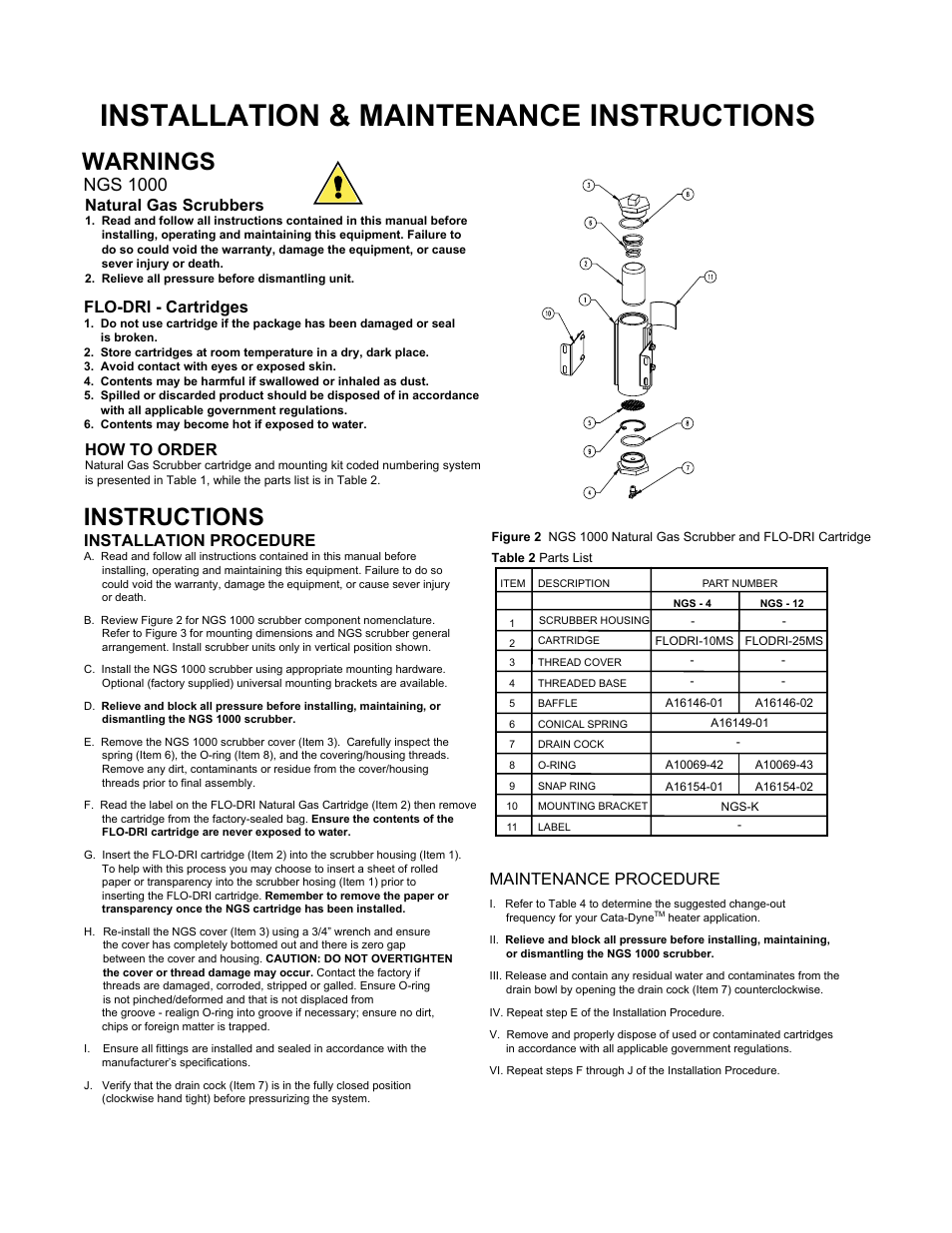 Installation & maintenance instructions, Warnings instructions, Ngs 1000 | Natural gas scrubbers, Flo-dri - cartridges, Installation procedure, Maintenance procedure, How to order | CCI Thermal Technologies NGS - NGS1000 Natural Gas Scrubbing System User Manual | Page 2 / 8