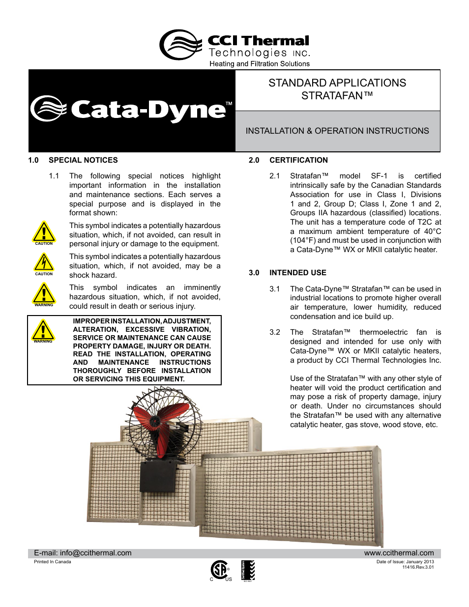 CCI Thermal Technologies SF-1 - Stratafa Forced Convection Fan for Infrared Heaters User Manual | 6 pages