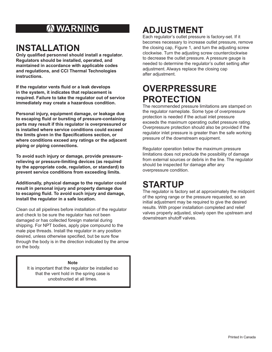 Installation, Adjustment, Overpressure protection | Startup, Warning | CCI Thermal Technologies AC-R - Gas Pressure Regulator User Manual | Page 2 / 4