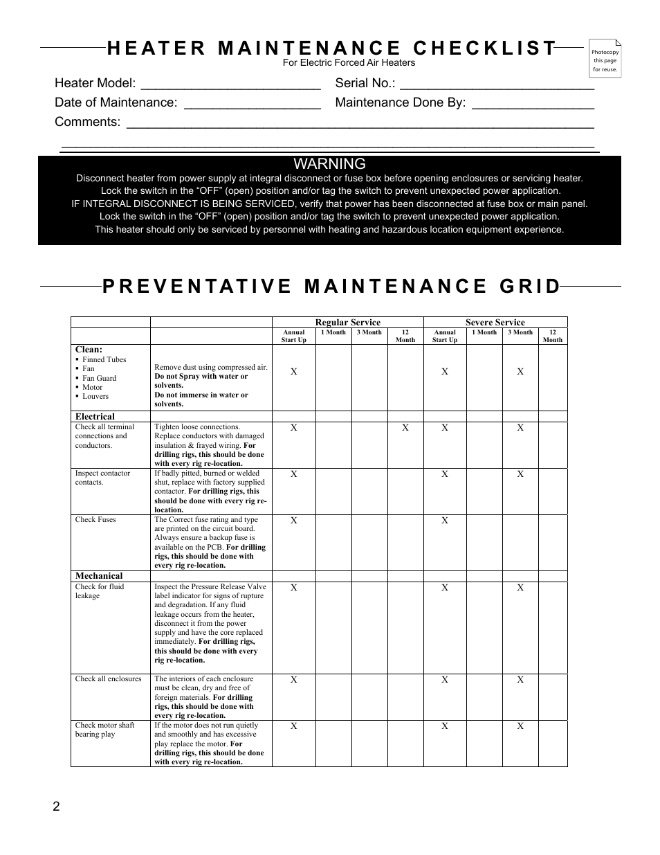 Preventative maintenance grid, Warning | CCI Thermal Technologies FX5-SD - Explosion-Proof Electric Air Unit Heater User Manual | Page 2 / 20