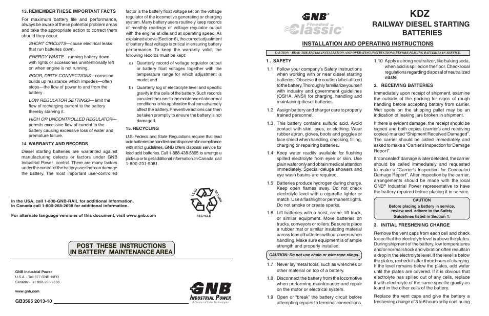 Railway diesel starting batteries, Installation and operating instructions | Exide Technologies GB3565 User Manual | Page 4 / 4