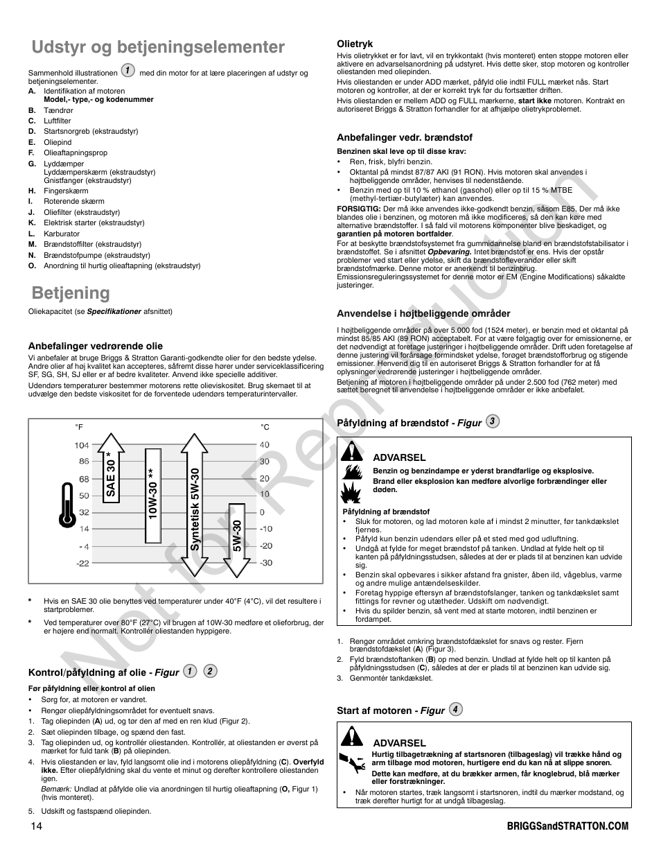 Not for reproduction, Udstyr og betjeningselementer, Betjening | Briggs & Stratton 310000 User Manual | Page 14 / 92