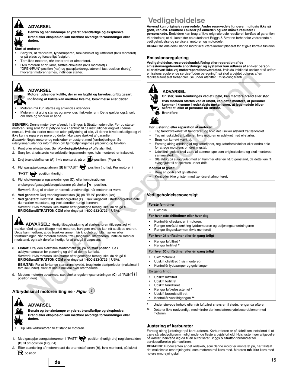 Not for reproduction, Vedligeholdelse, 15 da | Briggs & Stratton 310000 User Manual | Page 15 / 92