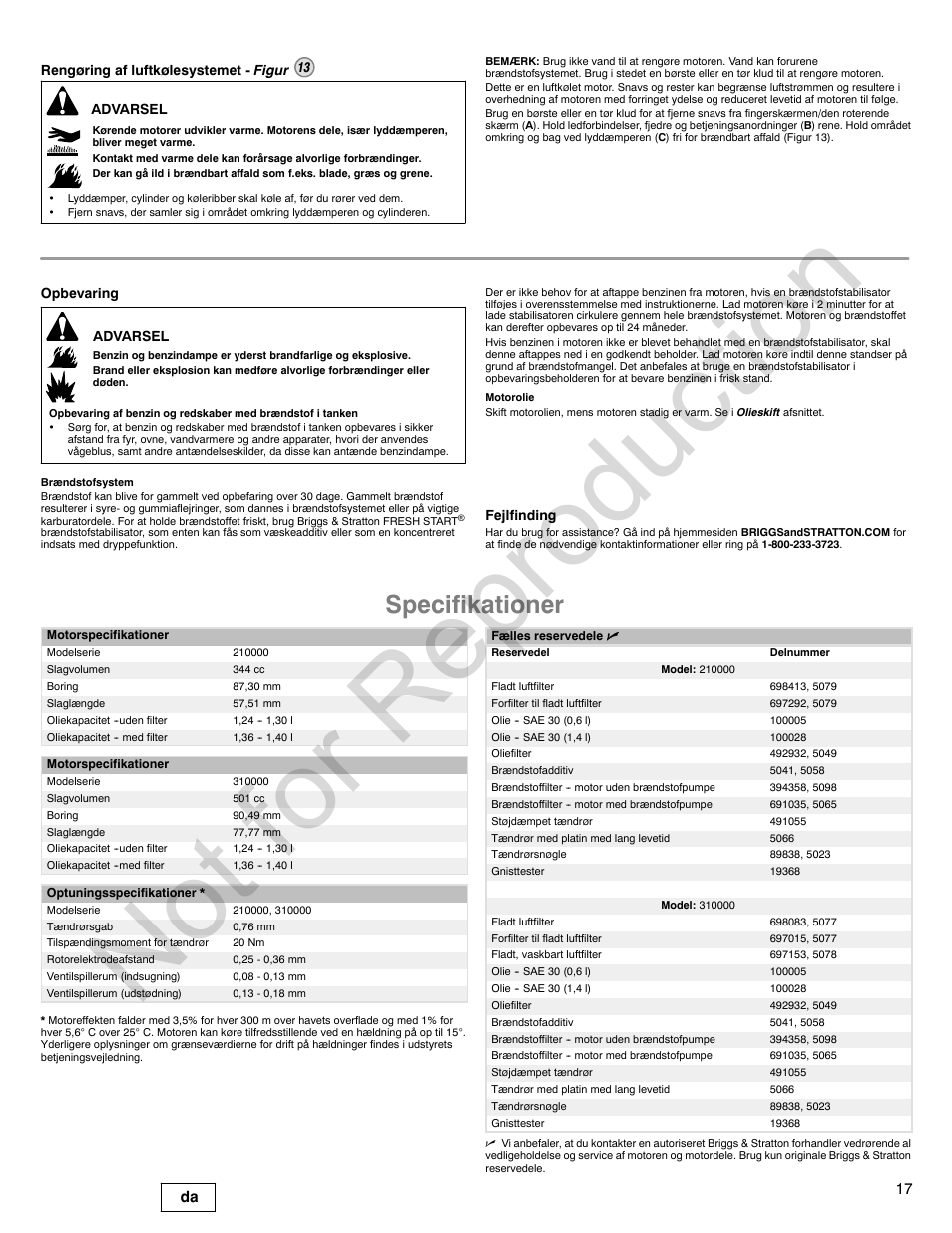 Not for reproduction, Specifikationer, 17 da | Briggs & Stratton 310000 User Manual | Page 17 / 92