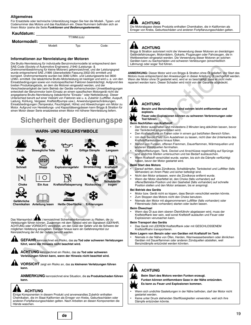 Not for reproduction, Sicherheit der bedienungspe, 19 de | Kaufdatum: motormodell, Warn- und reglersymbole | Briggs & Stratton 310000 User Manual | Page 19 / 92