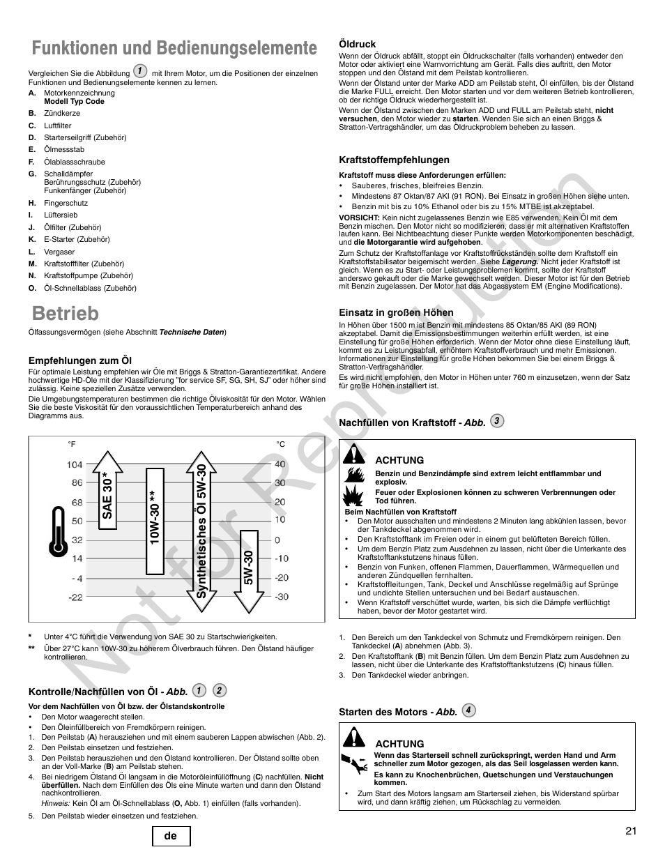 Not for reproduction, Funktionen und bedienungselemente, Betrieb | Briggs & Stratton 310000 User Manual | Page 21 / 92