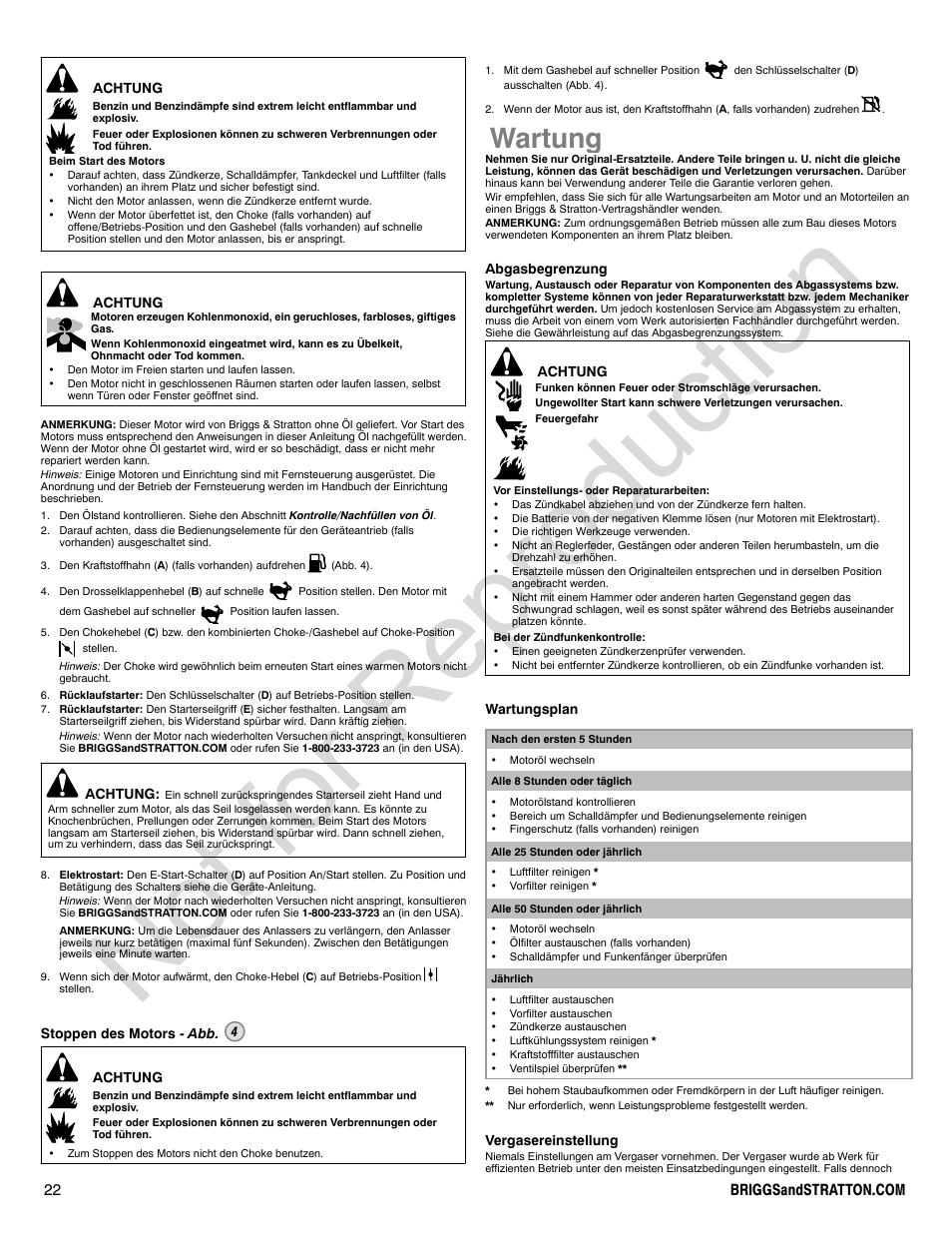 Not for reproduction, Wartung | Briggs & Stratton 310000 User Manual | Page 22 / 92