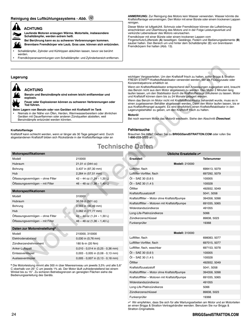 Not for reproduction, Technische daten | Briggs & Stratton 310000 User Manual | Page 24 / 92