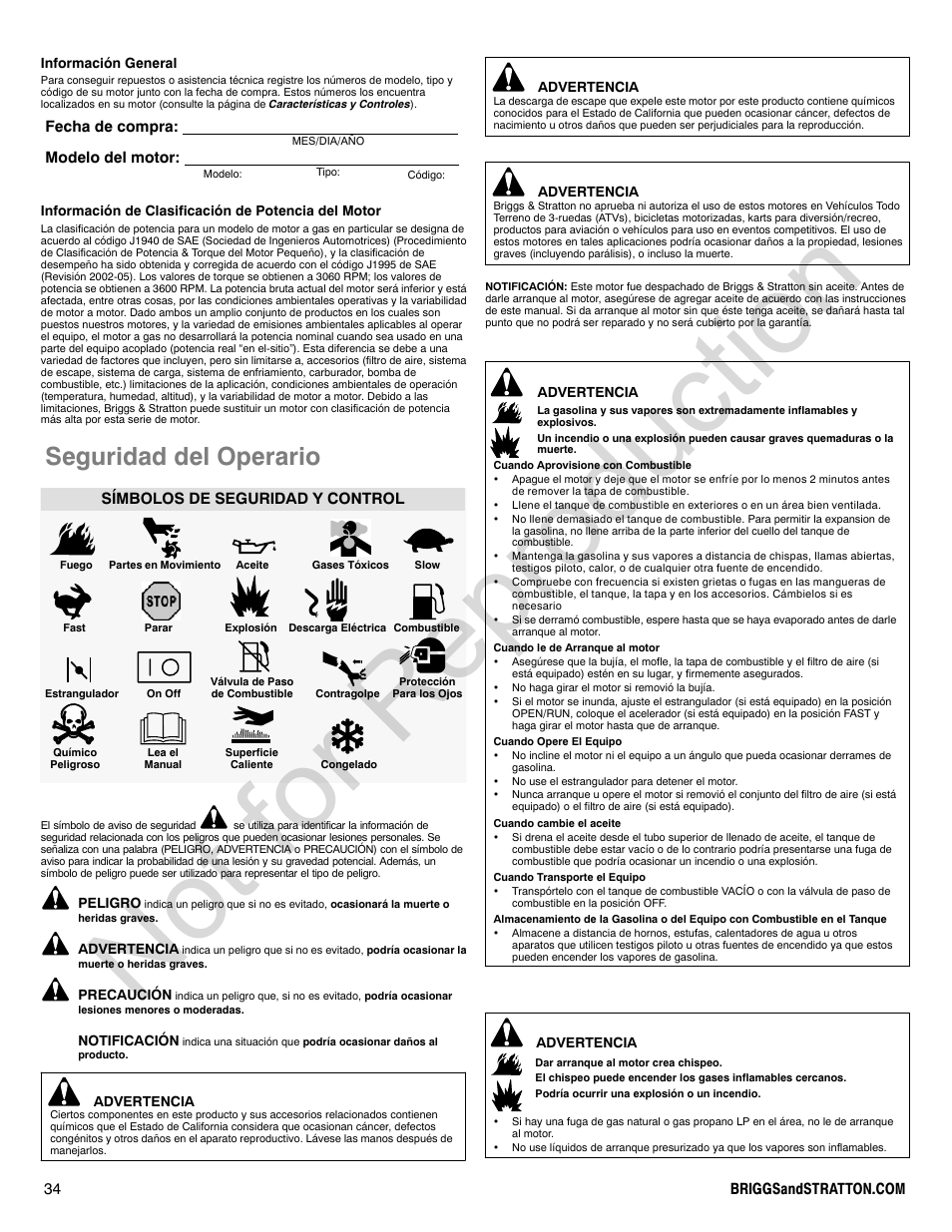 Not for reproduction, Seguridad del operario, Fecha de compra: modelo del motor | Símbolos de seguridad y control | Briggs & Stratton 310000 User Manual | Page 34 / 92