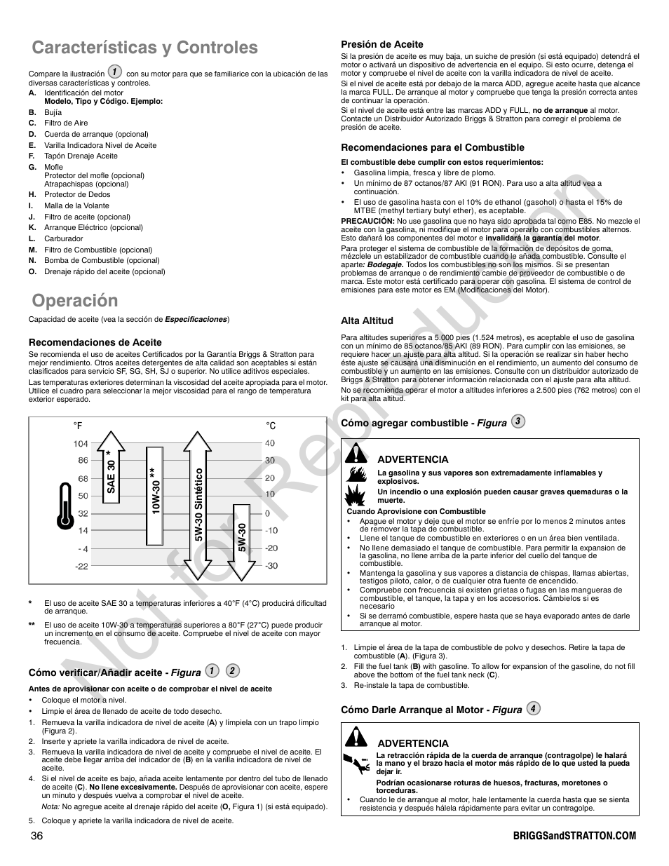 Not for reproduction, Características y controles, Operación | Briggs & Stratton 310000 User Manual | Page 36 / 92