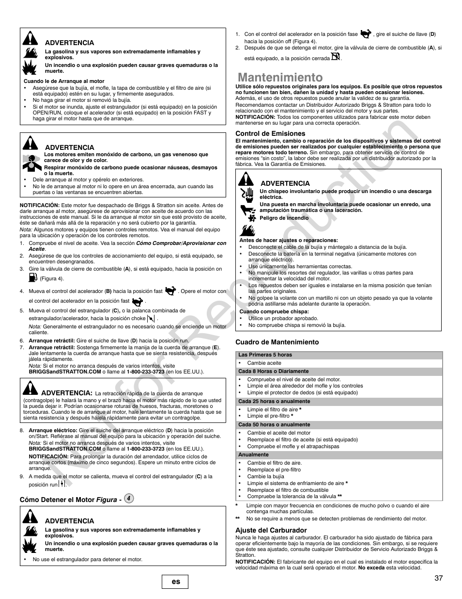 Not for reproduction, Mantenimiento, 37 es | Briggs & Stratton 310000 User Manual | Page 37 / 92