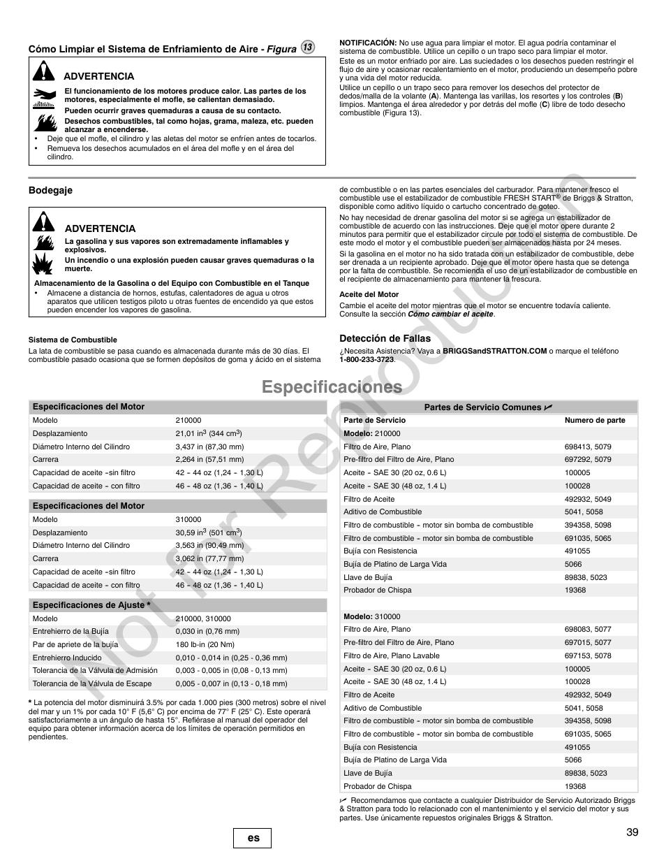 Not for reproduction, Especificaciones, 39 es | Briggs & Stratton 310000 User Manual | Page 39 / 92