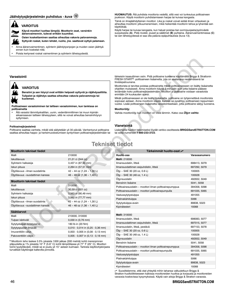 Not for reproduction, Tekniset tiedot | Briggs & Stratton 310000 User Manual | Page 46 / 92