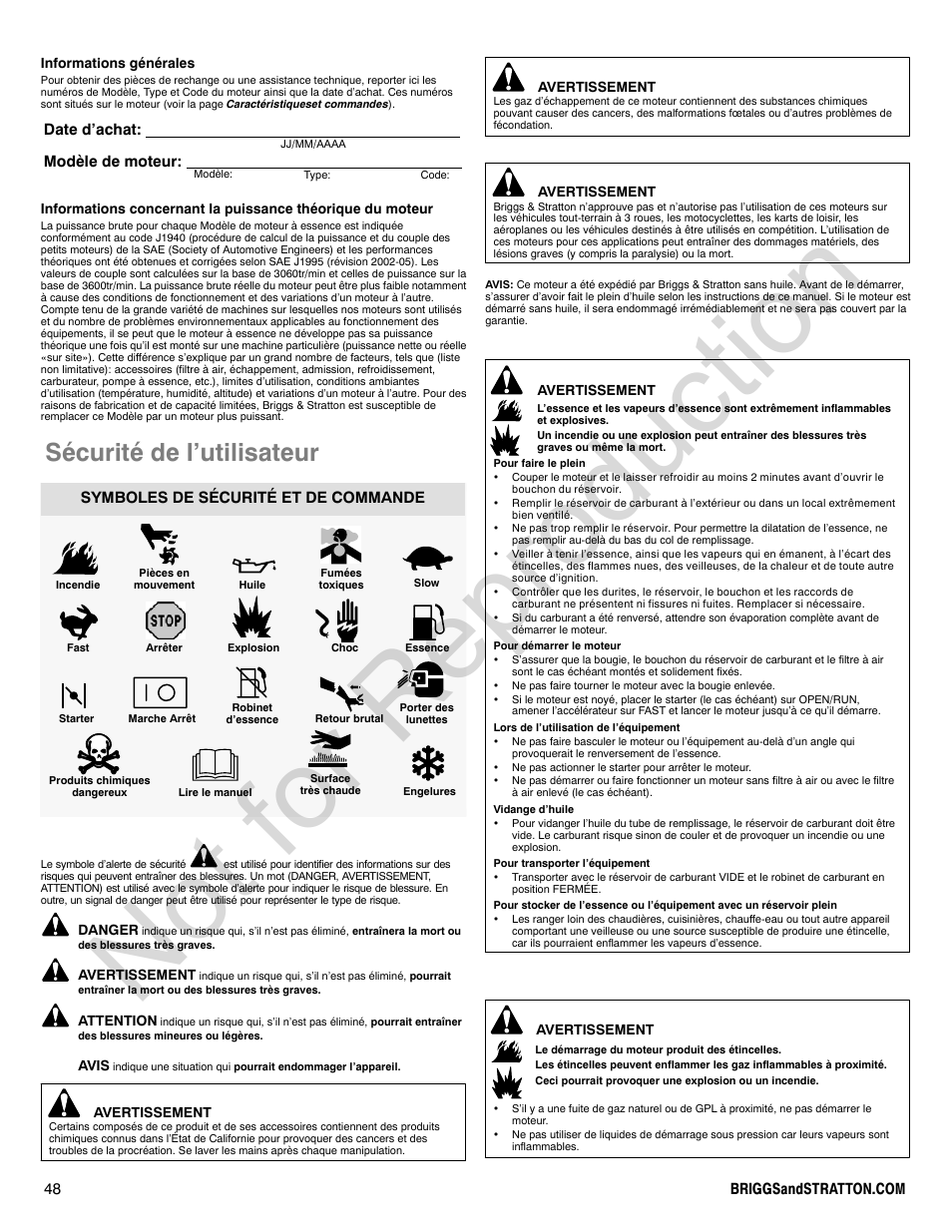 Not for reproduction, Sécurité de l’utilisateur, Date d’achat: modèle de moteur | Symboles de sécurité et de commande | Briggs & Stratton 310000 User Manual | Page 48 / 92