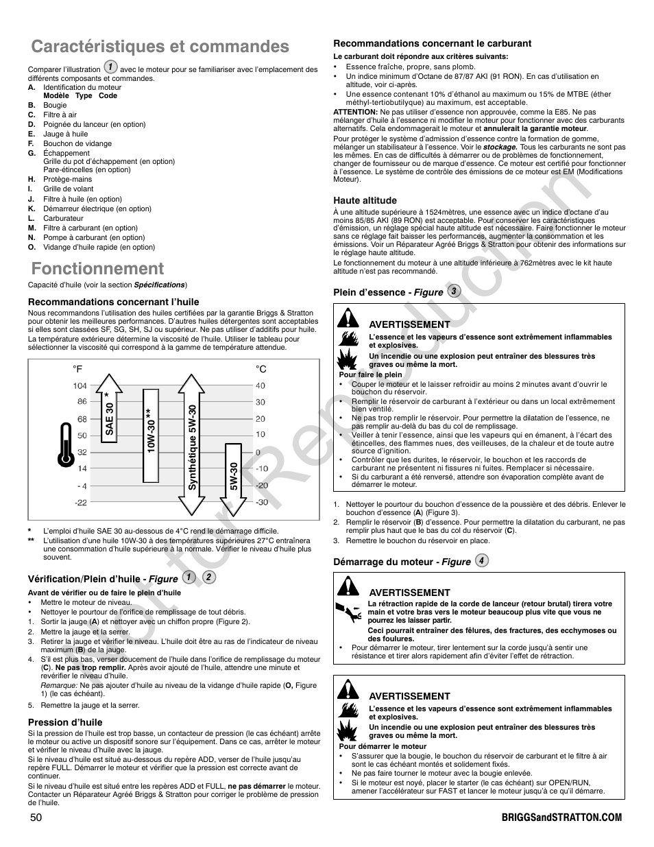 Not for reproduction, Caractéristiques et commandes, Fonctionnement | Briggs & Stratton 310000 User Manual | Page 50 / 92