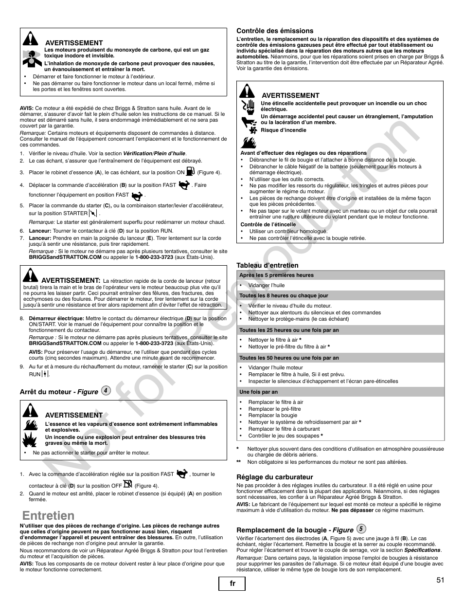 Not for reproduction, Entretien, 51 fr | Briggs & Stratton 310000 User Manual | Page 51 / 92