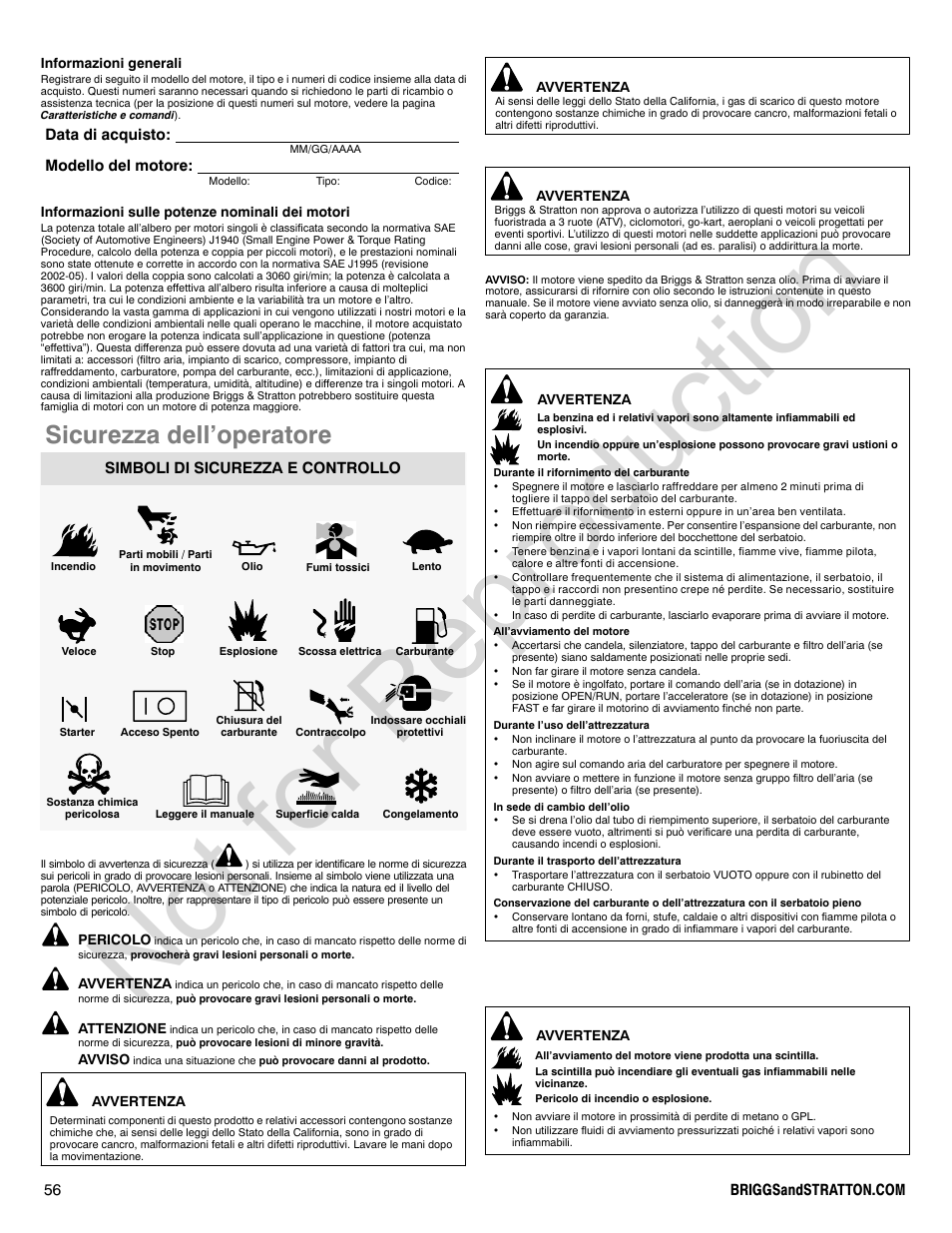 Not for reproduction, Sicurezza dell’operatore, Data di acquisto: modello del motore | Simboli di sicurezza e controllo | Briggs & Stratton 310000 User Manual | Page 56 / 92