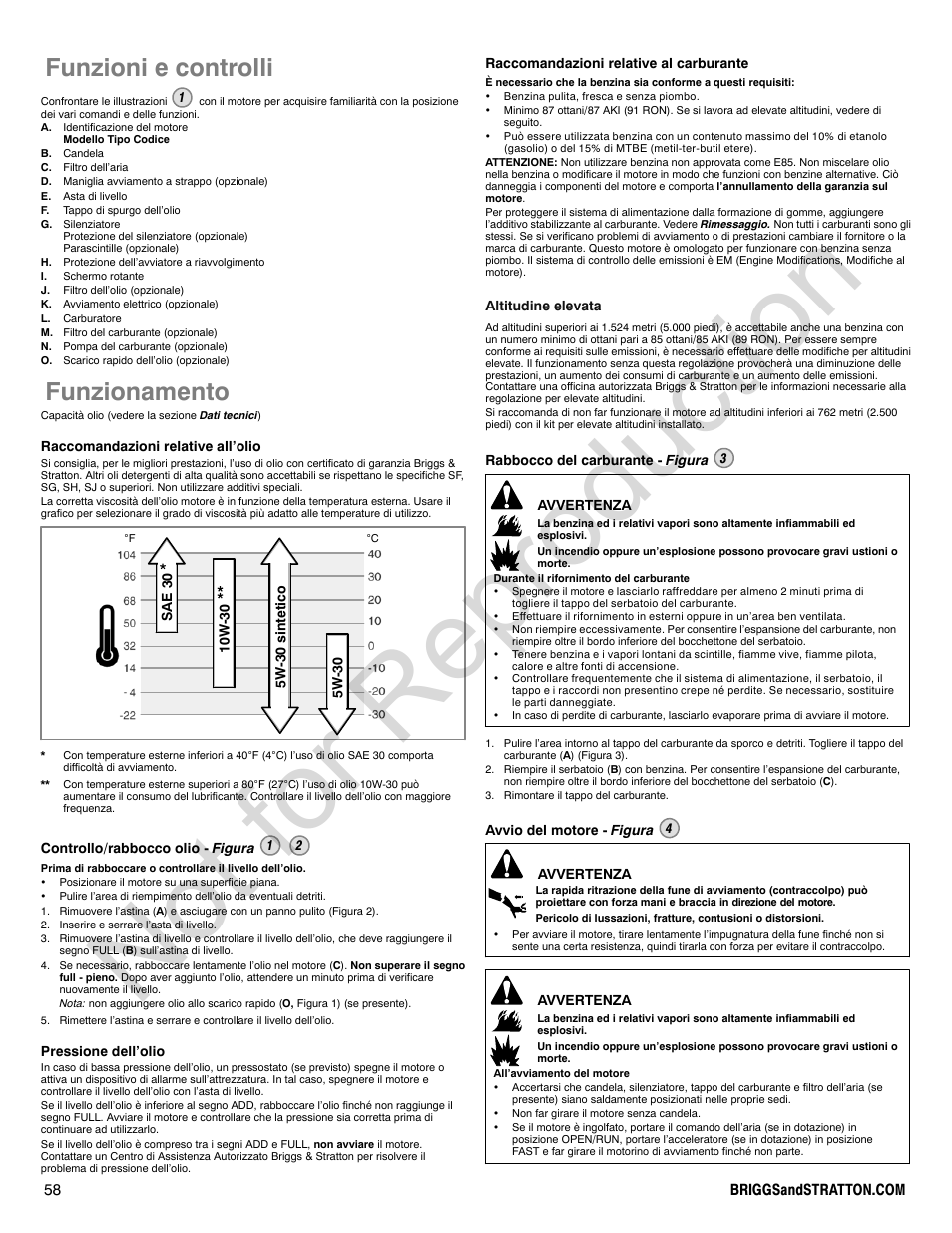 Not for reproduction, Funzioni e controlli, Funzionamento | Briggs & Stratton 310000 User Manual | Page 58 / 92