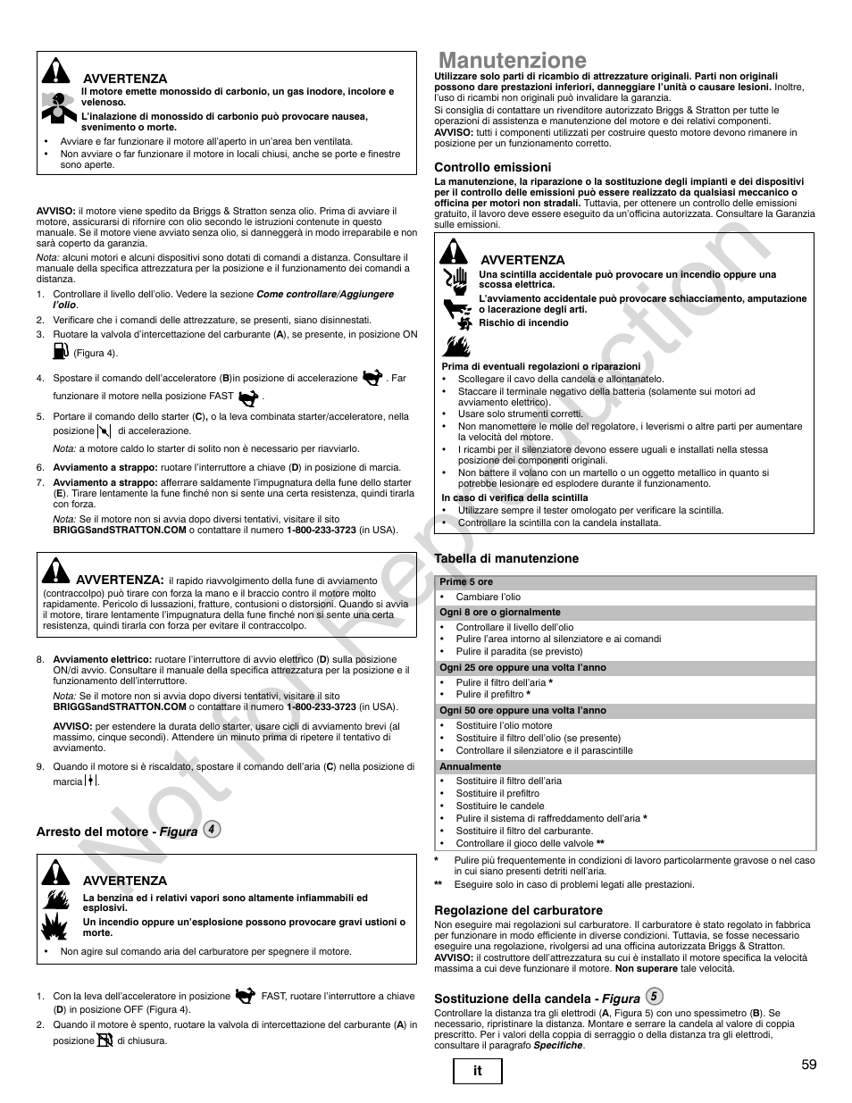 Not for reproduction, Manutenzione, 59 it | Briggs & Stratton 310000 User Manual | Page 59 / 92