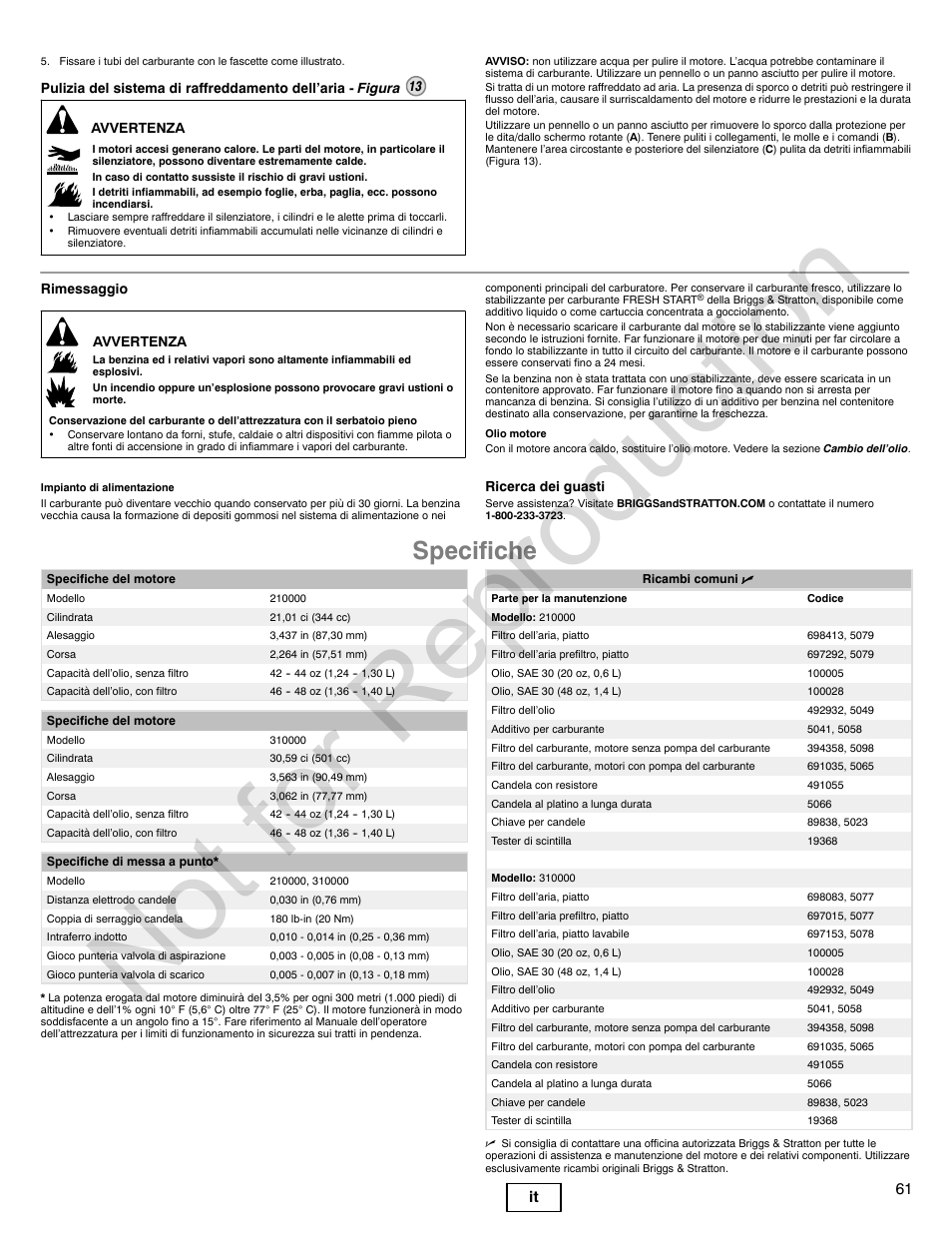 Not for reproduction, Specifiche, 61 it | Briggs & Stratton 310000 User Manual | Page 61 / 92