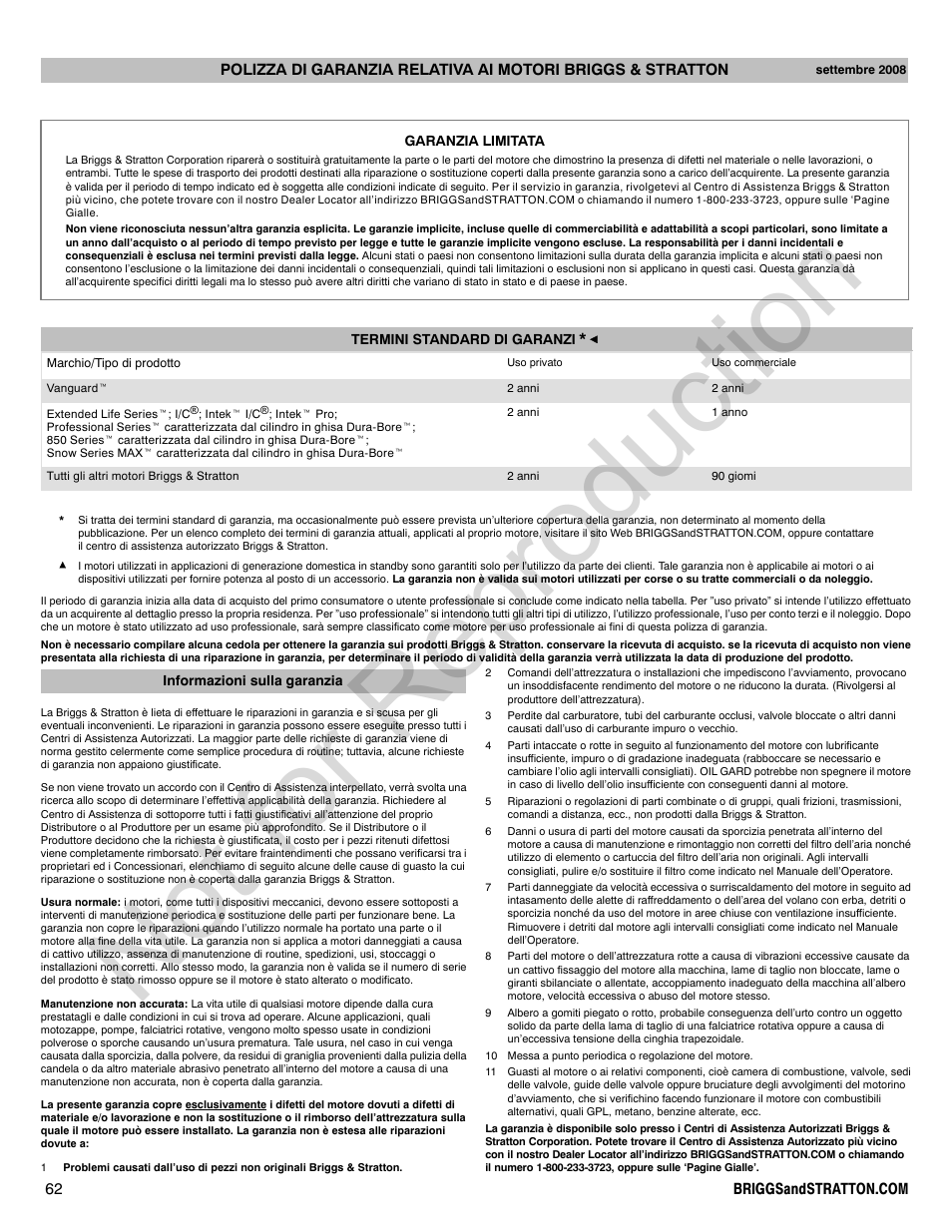 Not for reproduction | Briggs & Stratton 310000 User Manual | Page 62 / 92