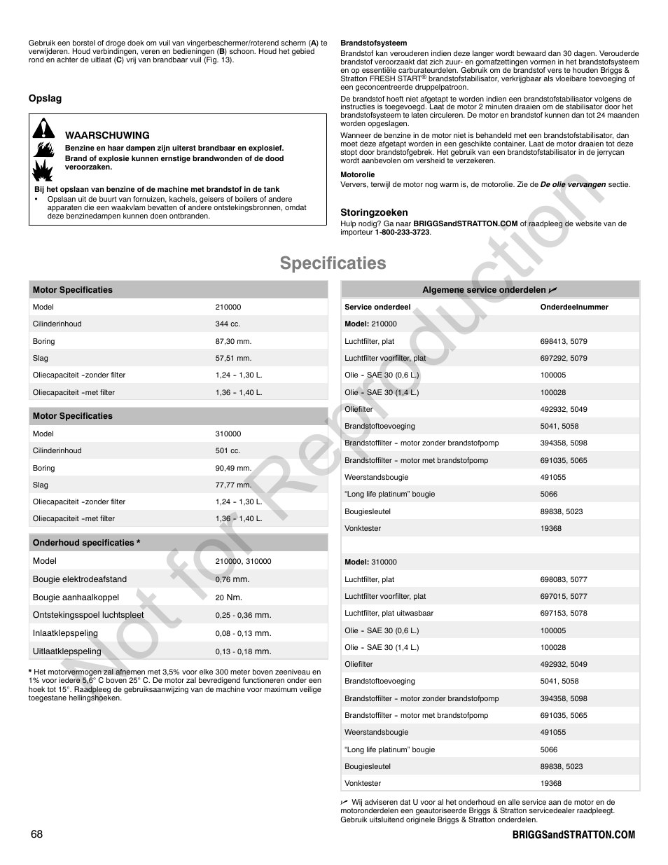 Not for reproduction, Specificaties | Briggs & Stratton 310000 User Manual | Page 68 / 92