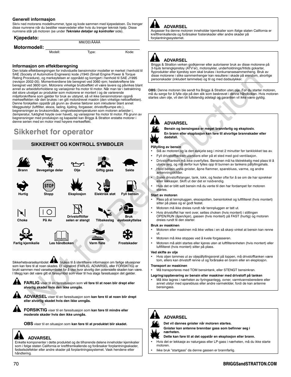 Not for reproduction, Sikkerhet for operator, Kjøpedato: motormodell | Sikkerhet og kontroll symboler | Briggs & Stratton 310000 User Manual | Page 70 / 92