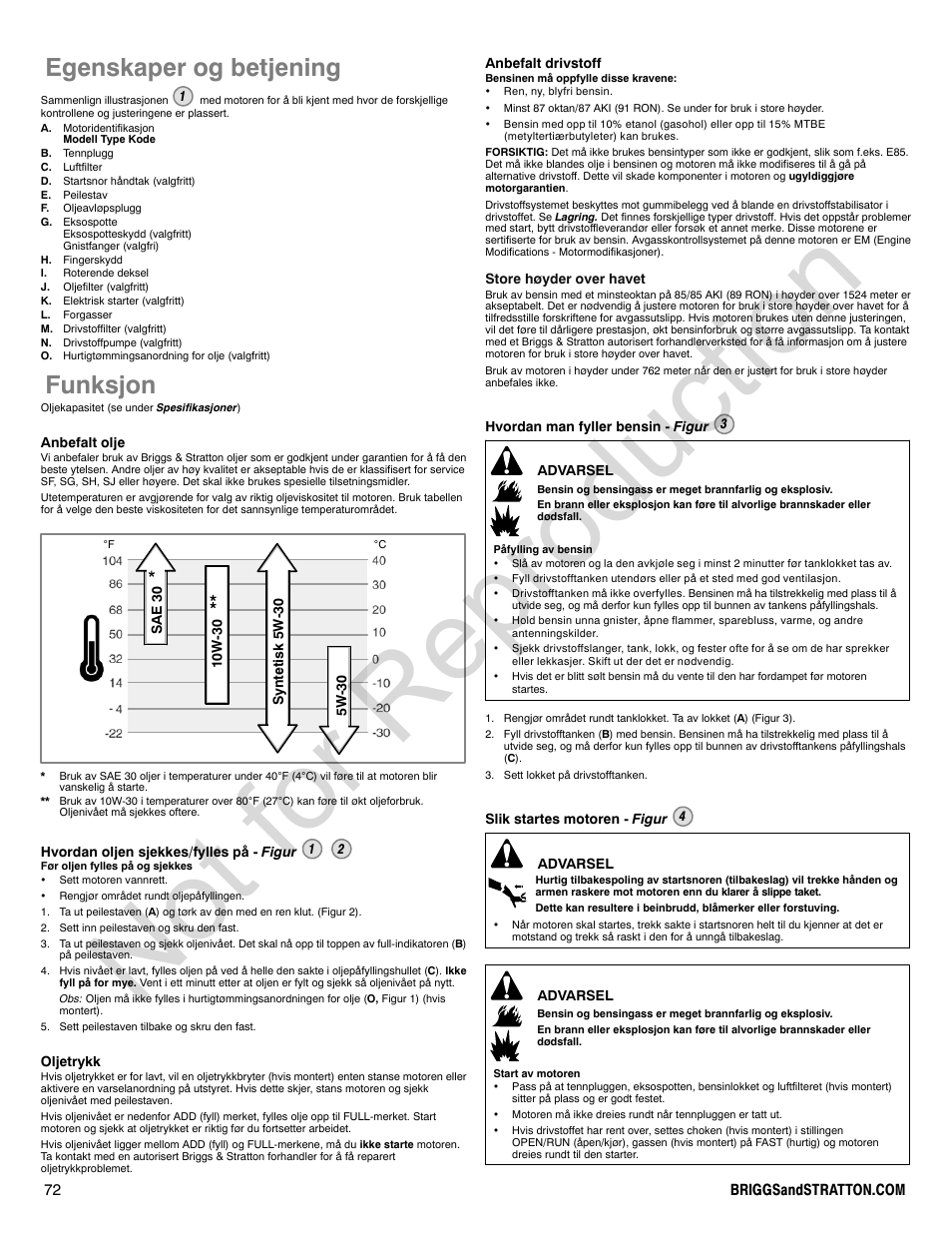Not for reproduction, Egenskaper og betjening, Funksjon | Briggs & Stratton 310000 User Manual | Page 72 / 92