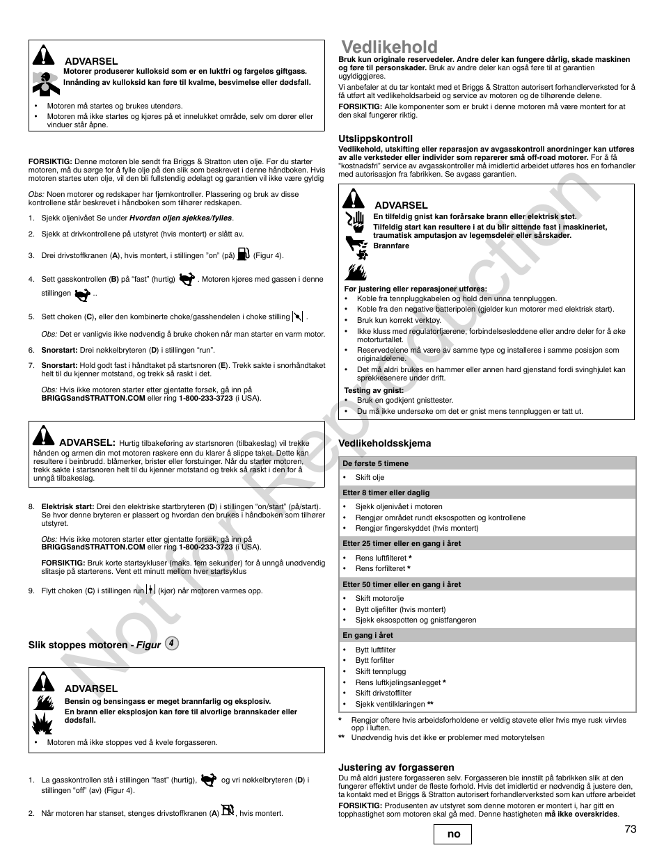 Not for reproduction, Vedlikehold, 73 no | Briggs & Stratton 310000 User Manual | Page 73 / 92