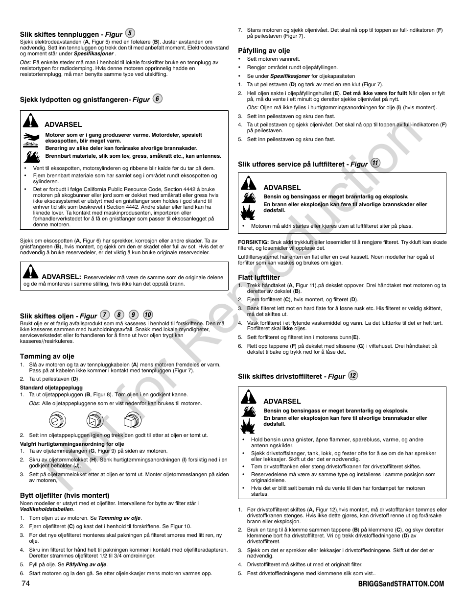 Not for reproduction | Briggs & Stratton 310000 User Manual | Page 74 / 92