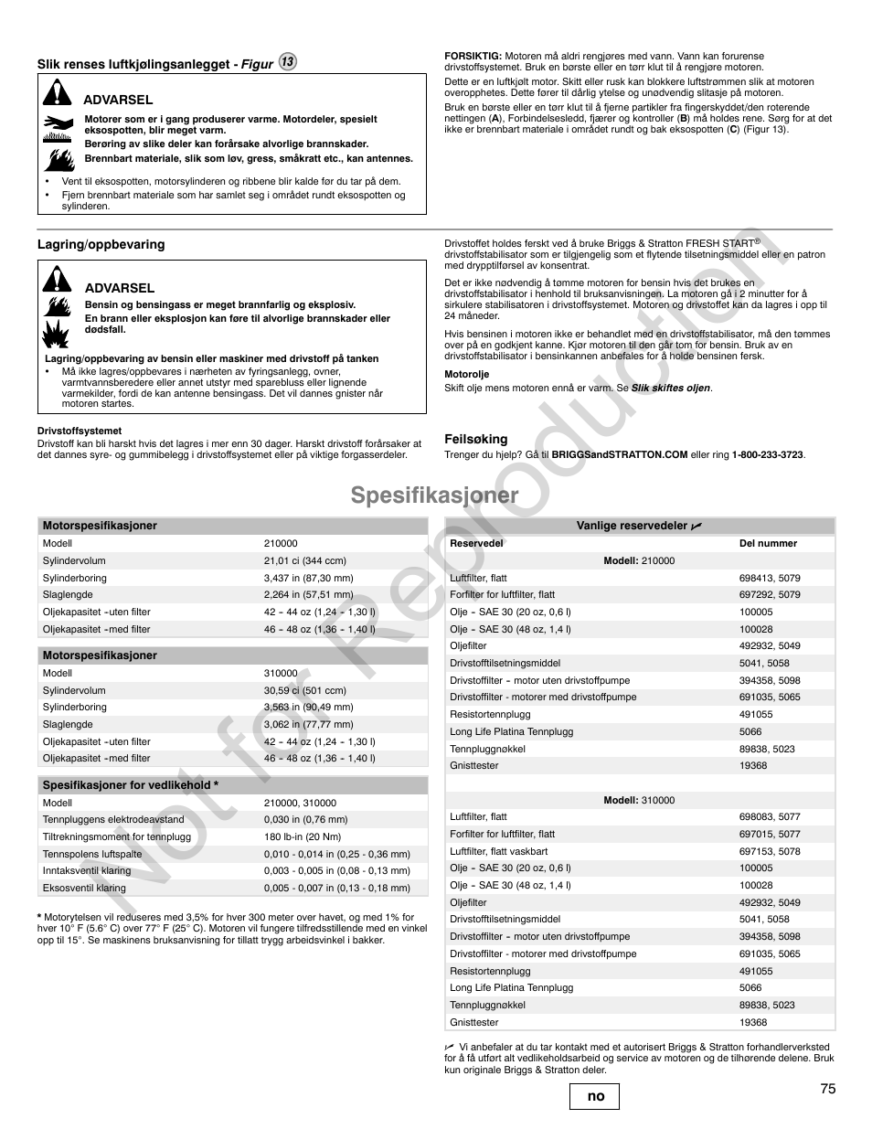 Not for reproduction, Spesifikasjoner, 75 no | Briggs & Stratton 310000 User Manual | Page 75 / 92