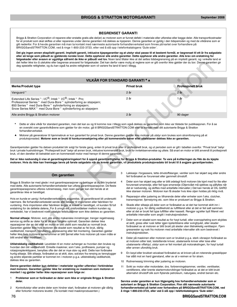 Not for reproduction | Briggs & Stratton 310000 User Manual | Page 76 / 92