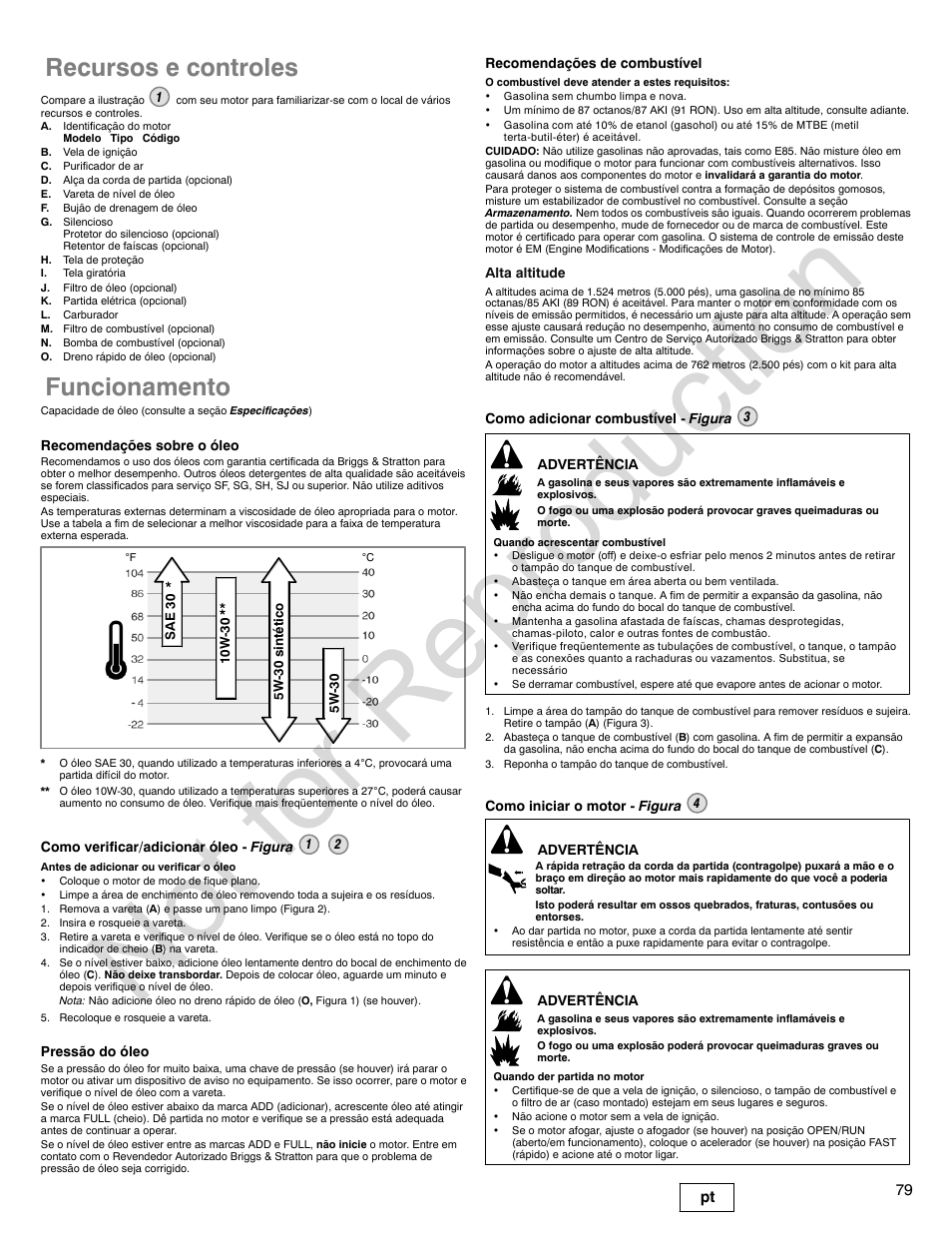 Not for reproduction, Recursos e controles, Funcionamento | 79 pt | Briggs & Stratton 310000 User Manual | Page 79 / 92