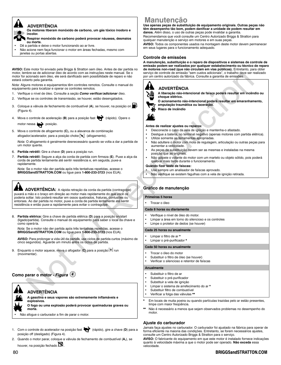 Not for reproduction, Manutenção | Briggs & Stratton 310000 User Manual | Page 80 / 92