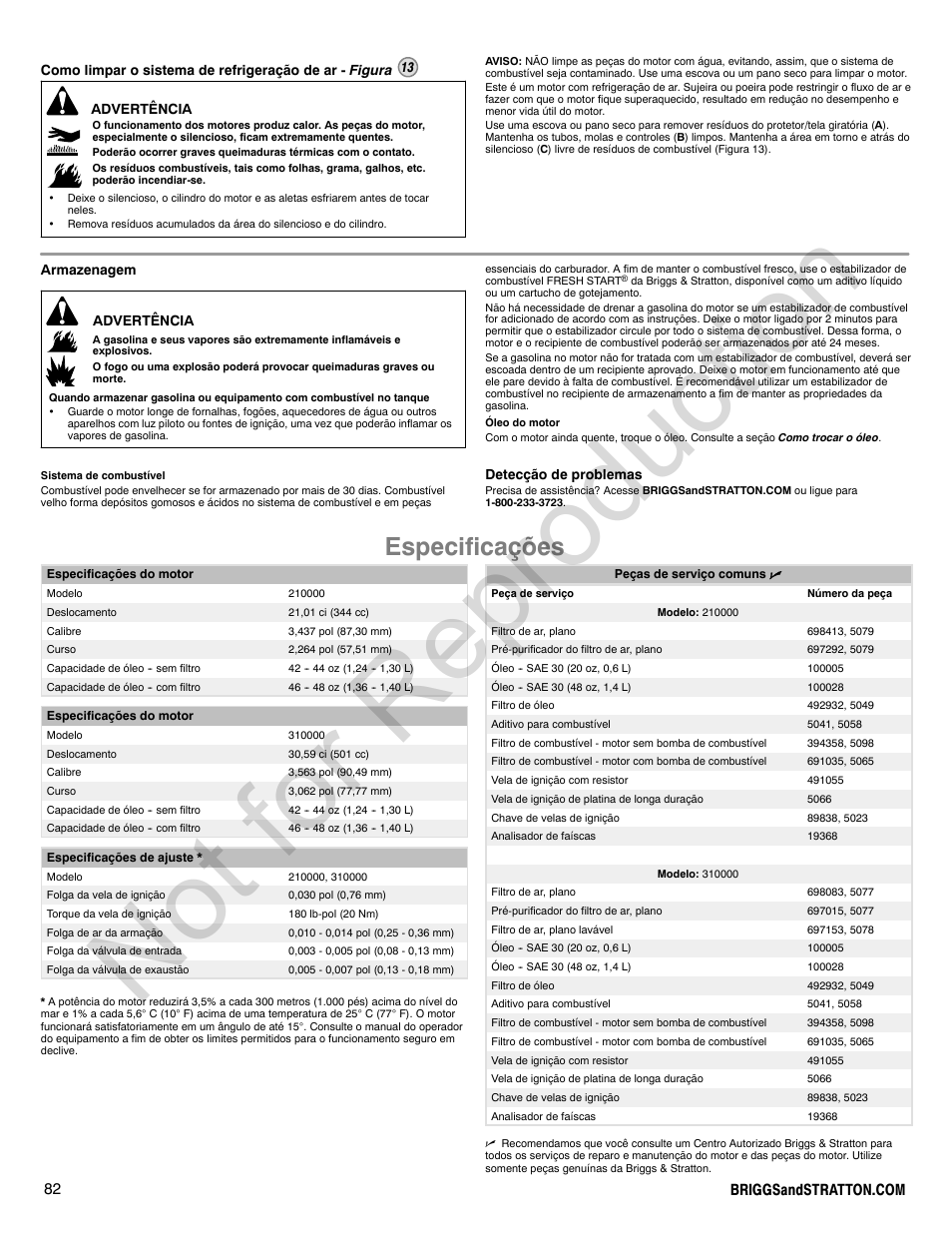 Not for reproduction, Especificações | Briggs & Stratton 310000 User Manual | Page 82 / 92