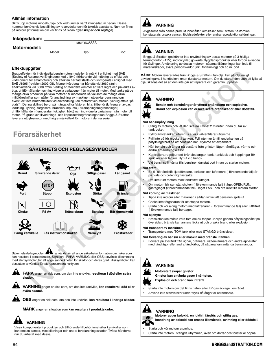 Not for reproduction, Förarsäkerhet, Inköpsdatum: motormodell | Säkerhets och reglagesymboler | Briggs & Stratton 310000 User Manual | Page 84 / 92