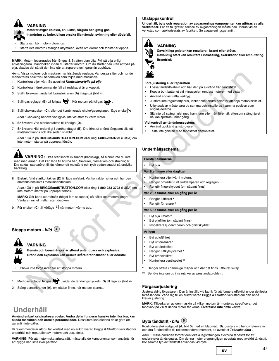 Not for reproduction, Underhåll, 87 sv | Briggs & Stratton 310000 User Manual | Page 87 / 92