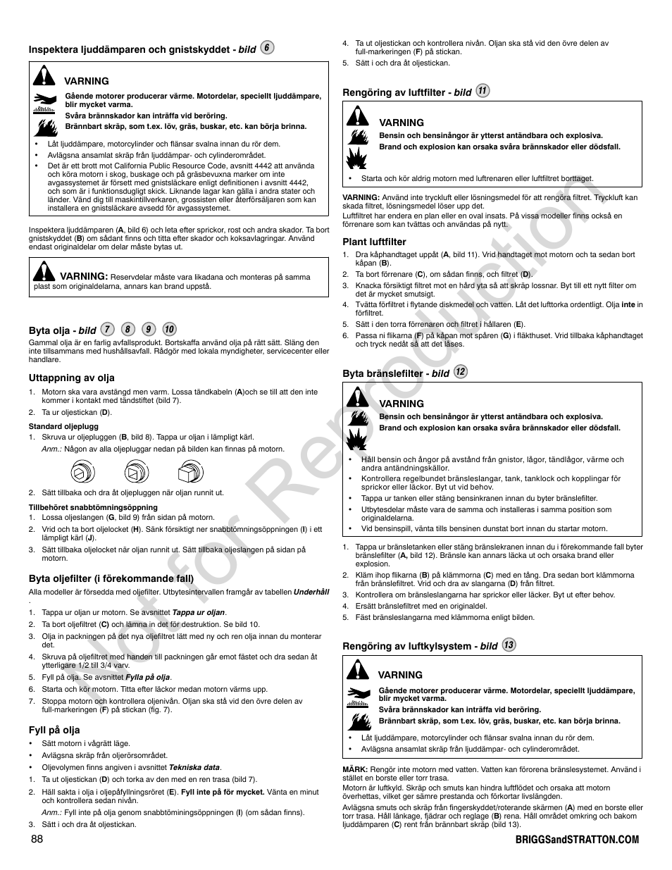 Not for reproduction | Briggs & Stratton 310000 User Manual | Page 88 / 92