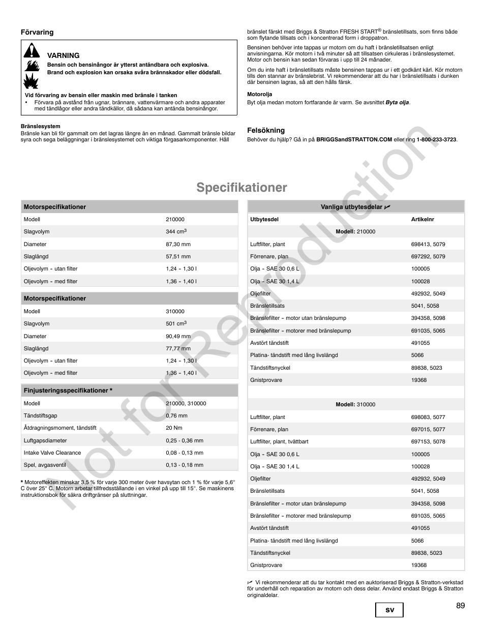 Not for reproduction, Specifikationer, 89 sv | Briggs & Stratton 310000 User Manual | Page 89 / 92