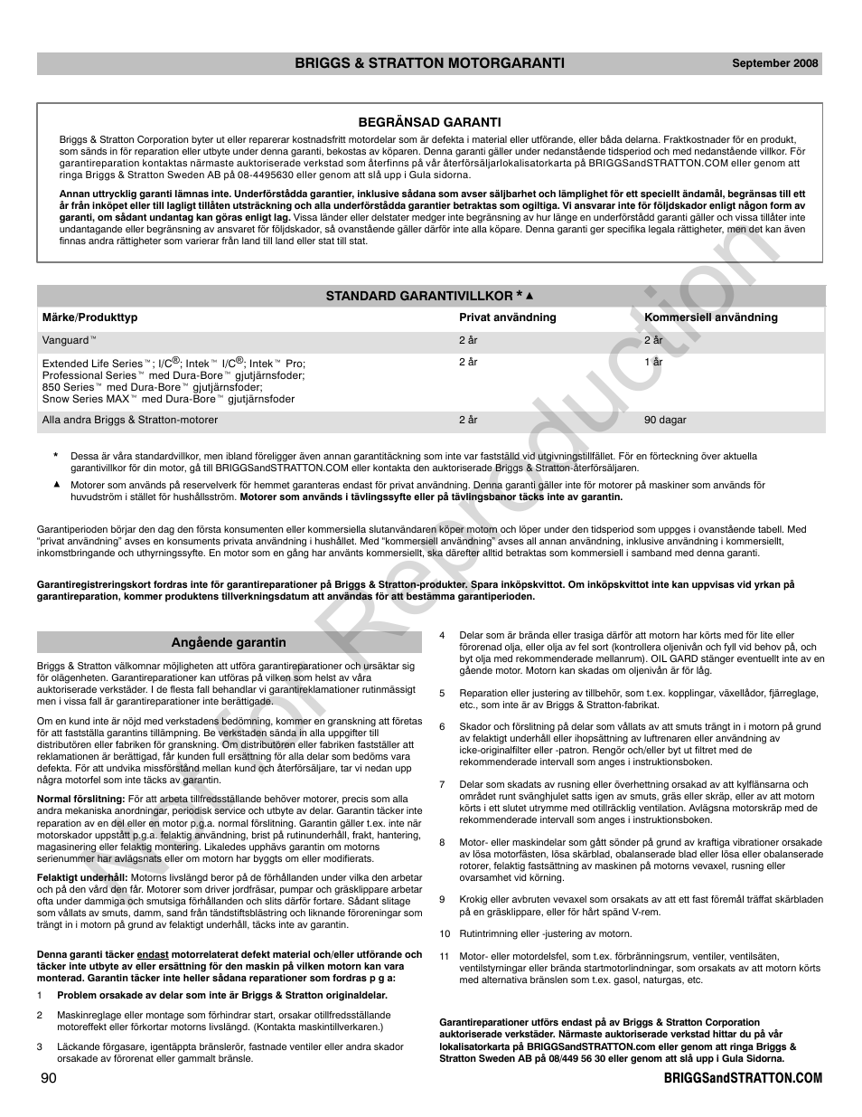 Not for reproduction | Briggs & Stratton 310000 User Manual | Page 90 / 92