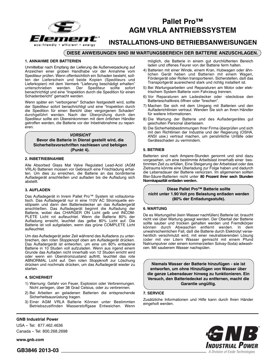 Pallet pro™ agm vrla antriebssystem, Installations-und betriebsanweisungen | Exide Technologies GB3846 User Manual | Page 4 / 4