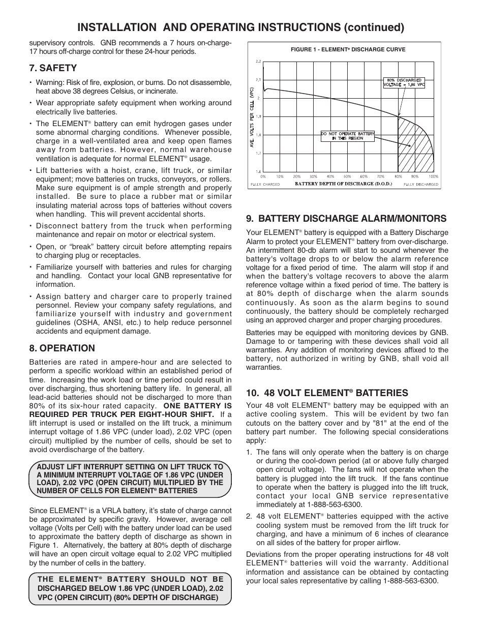 Safety, Operation, Battery discharge alarm/monitors | 48 volt element, Batteries | Exide Technologies GB3902 User Manual | Page 2 / 8