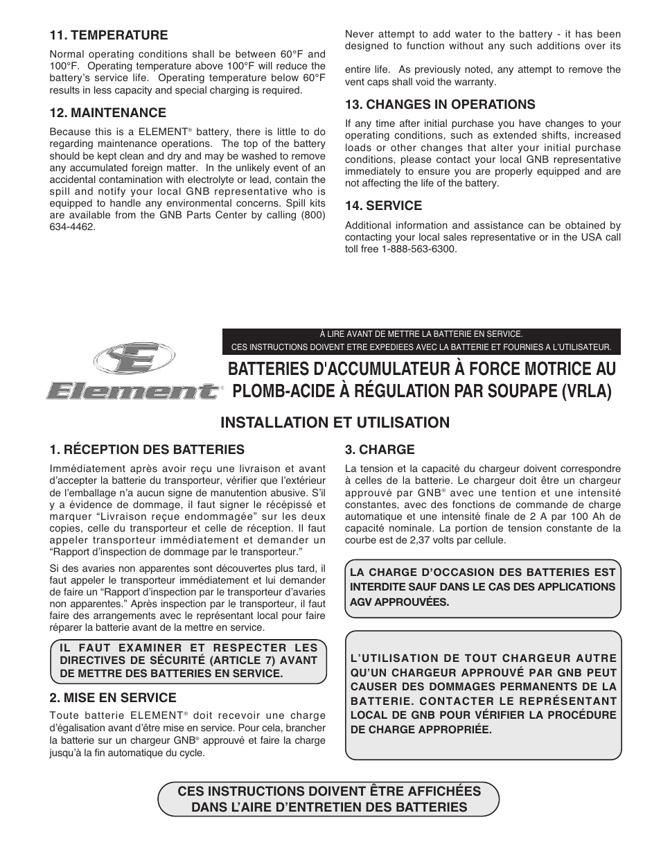 Installation et utilisation, Réception des batteries, Mise en service | Charge, Temperature, Maintenance, Changes in operations, Service | Exide Technologies GB3902 User Manual | Page 3 / 8