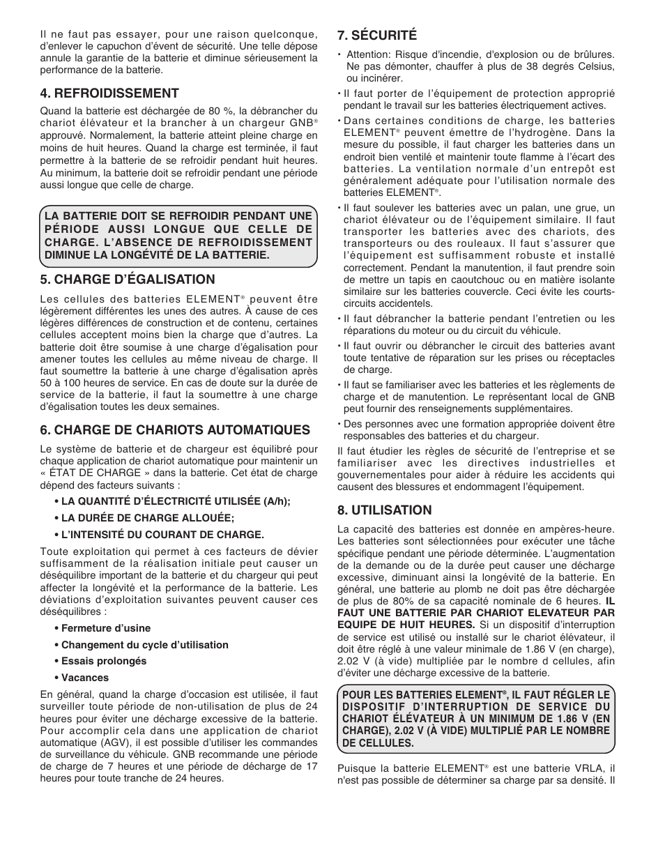 Refroidissement, Charge d’égalisation, Charge de chariots automatiques | Sécurité, Utilisation | Exide Technologies GB3902 User Manual | Page 4 / 8