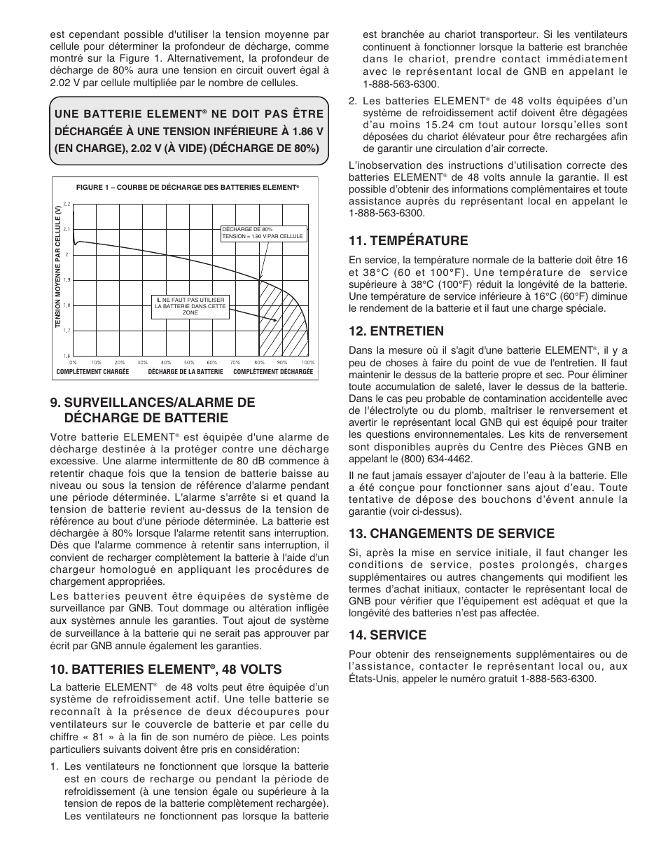 Surveillances/alarme de décharge de batterie, Batteries element, 48 volts | Température, Entretien, Changements de service, Service | Exide Technologies GB3902 User Manual | Page 5 / 8
