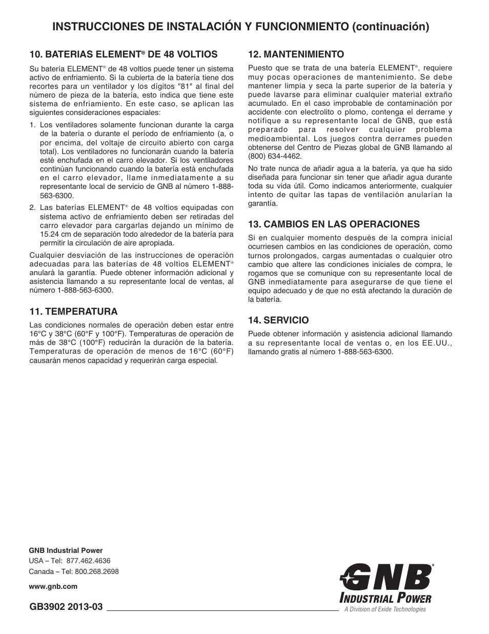 Baterias element, De 48 voltios, Temperatura | Mantenimiento, Cambios en las operaciones, Servicio | Exide Technologies GB3902 User Manual | Page 8 / 8