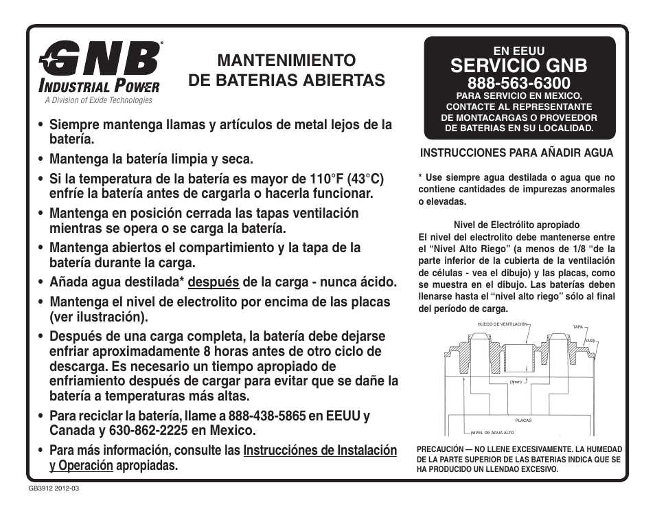 Exide Technologies GB3912 User Manual | 2 pages