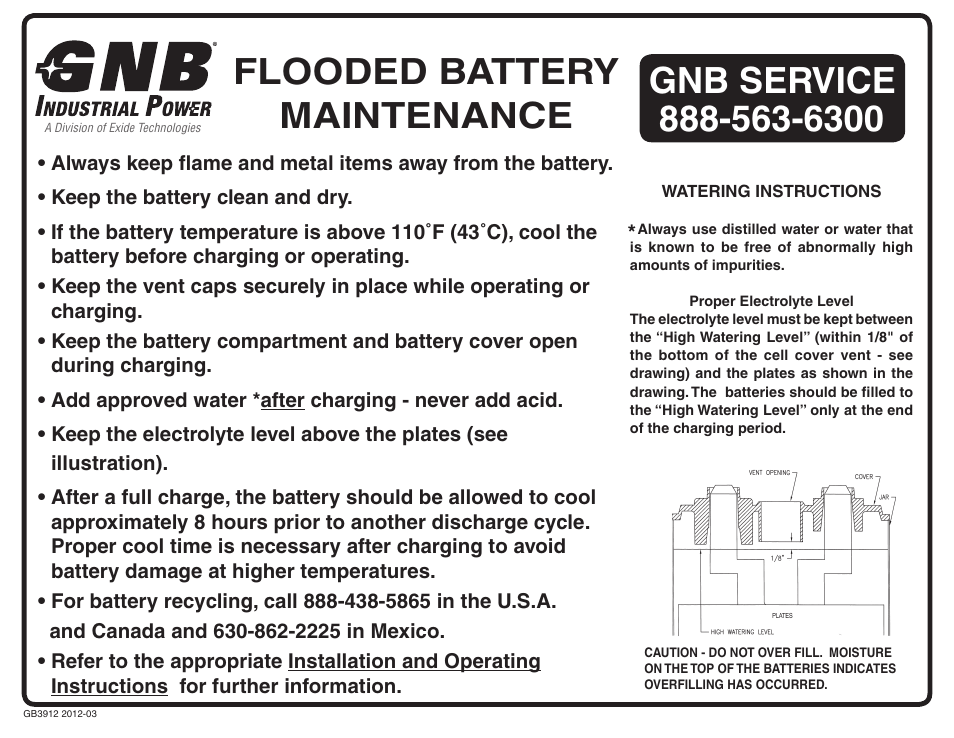 Flooded battery maintenance | Exide Technologies GB3912 User Manual | Page 2 / 2